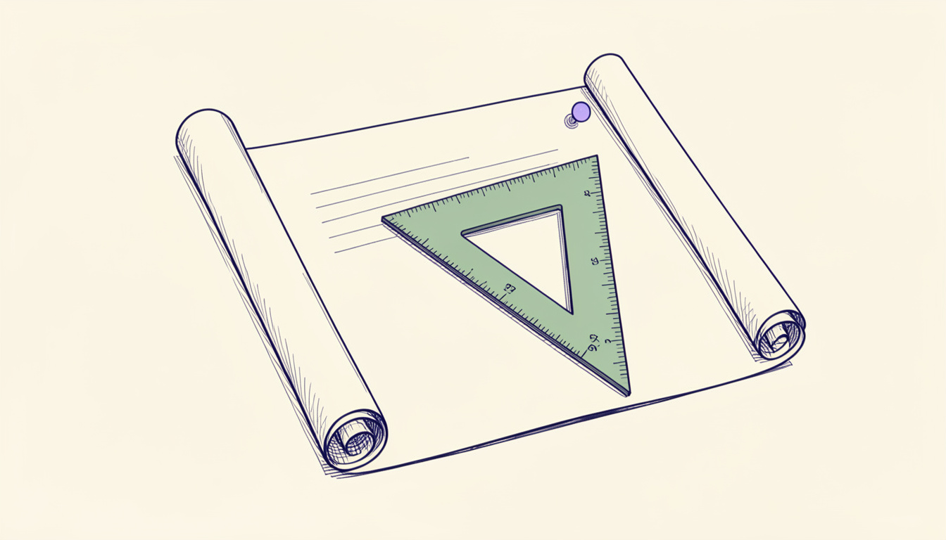 Illustration: a rolled blueprint with a set square
